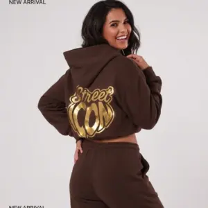 Street Icon women’s chocolate brown oversized hoodie with gold printed heart logo