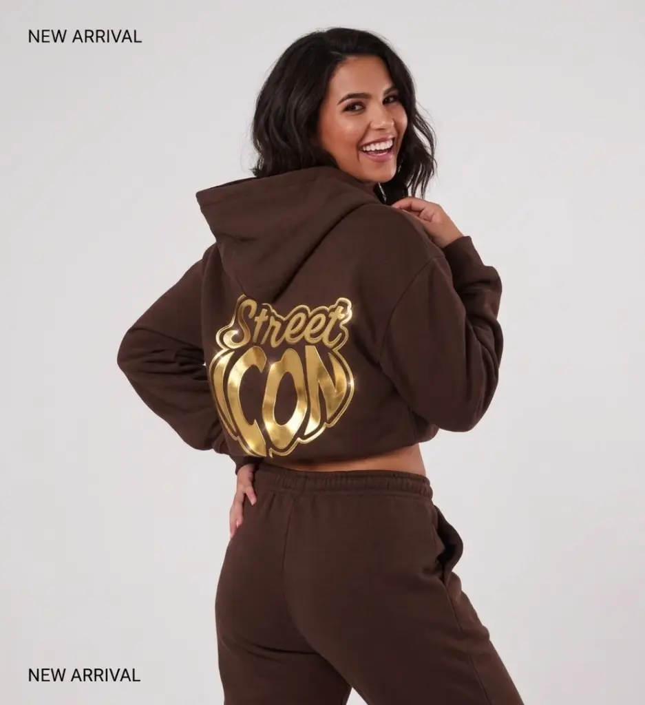 Street Icon women’s chocolate brown oversized hoodie with gold printed heart logo
